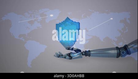Extending metallic robotic arm presenting pixelated blue shield icon over gray world map data nodes Stock Photo