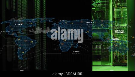 Displaying digital world map overlaying data center racks, showing network cables and node icons Stock Photo