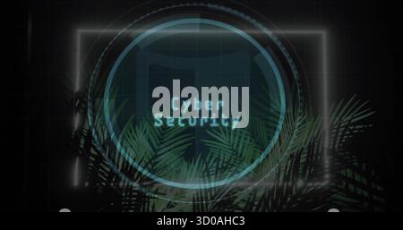 Displaying cyber security text glowing within translucent circle on grid with neon frame and leaves Stock Photo