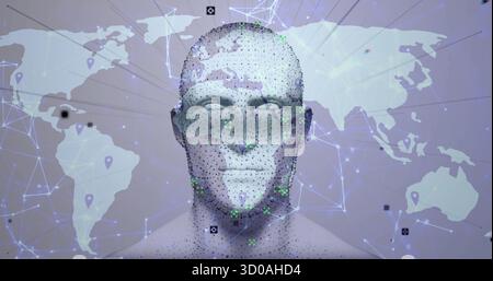 Displaying 3D human head model glowing in virtual space, with world map overlay and particle nodes Stock Photo