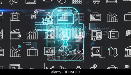 Floating padlock icon displaying circuit patterns, person silhouette, chart icons in dashboard Stock Photo