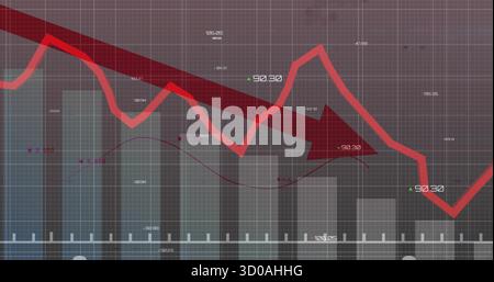 Displaying financial data visualization on dashboard, with bar charts, red arrow and line graph Stock Photo