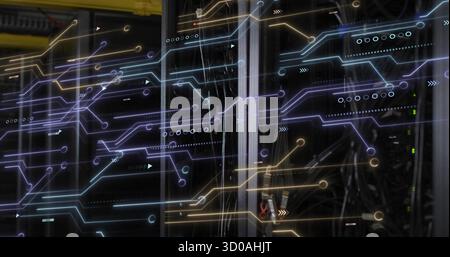 Displaying server racks processing data in data center with switches, LEDs, circuit overlay Stock Photo