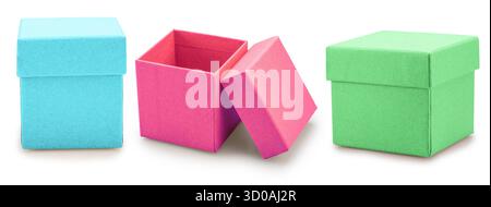 Set of three colorful gift boxes isolated on white background. File contains clipping paths. Stock Photo