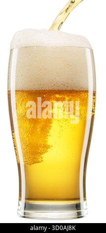Glass of chilled light beer with beer foam and gas bubbles rising inside, isolated on white background. Clipping path. Stock Photo