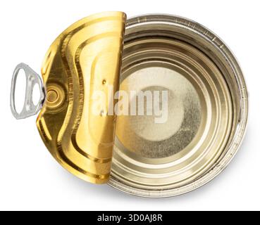 Opened steel can or tin can with ring-pull tab on white background, top view. File contains clipping path. Stock Photo