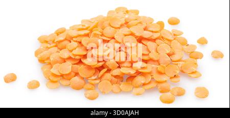 Pile of split red lentil seeds isolated on white background. File contains clipping paths. Stock Photo