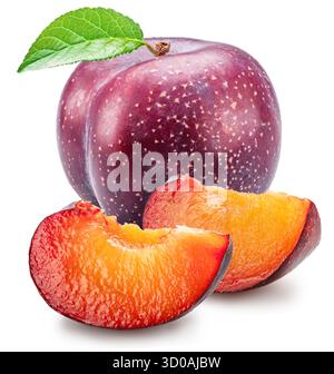 Ripe chinese plums with green leaf isolated on white background. File contains clipping paths. Stock Photo