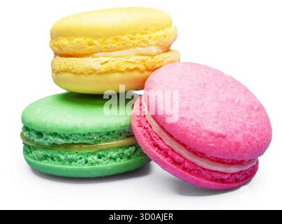 Three colorful macarons isolated on white background. File contains clipping paths. Stock Photo