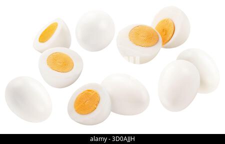 Group of boiled chicken eggs and eggs cut in half  on white background. File contains clipping paths. Stock Photo