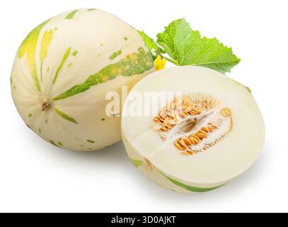 Sugar matisse melon and melon half with seeds isolated on white background. File contains clipping path. Stock Photo