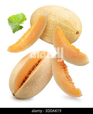 Set of white oval melon and melon slices isolated on white background. File contains clipping paths. Stock Photo