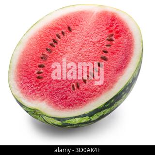 Round striped watermelon cut in half with black watermelon seeds isolated on white background. Clipping path. Stock Photo