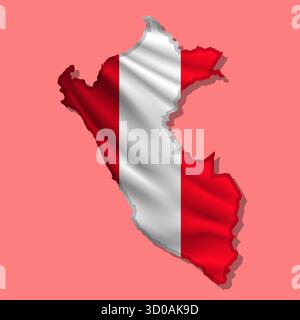 Waving vector abstract flag of Peru in map shape with shadow Stock Vector