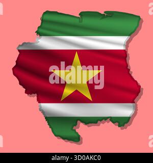 Waving vector abstract flag of Suriname in map shape with shadow Stock Vector