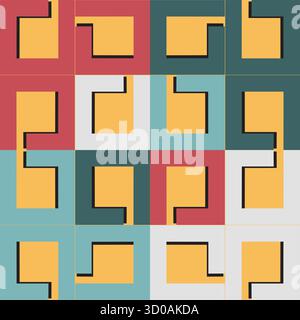 This vector seamless pattern displays yellow hook or L-shaped forms with black outlines on a colorful grid background in red, teal, cyan, and white sq Stock Vector