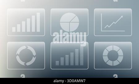 six frosted glass panels with white chart icons illustrate data analytics and business visualization on a gradient background ideal for finance report Stock Vector