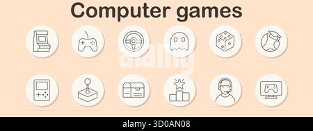 Computer games set icon. Arcade machine, controller, racing wheel, ghost, dice, graduation cap, handheld console, joystick, chest, podium streamer mon Stock Vector