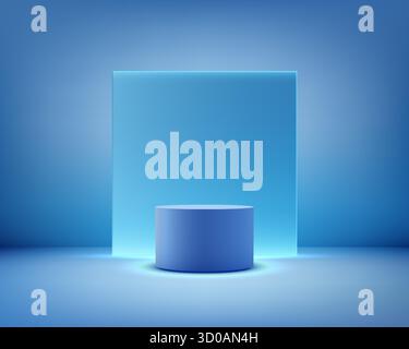 3d blue futuristic scene featuring a glowing rectangular light panel and cylindrical podium centered in a minimal modern space perfect for product dis Stock Vector