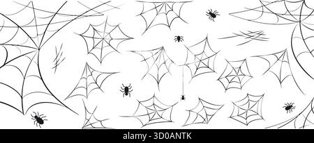 Variety of spider webs for Halloween design. Scary web silhouette for horror and fear, isolated on white background. Vector elements Stock Vector