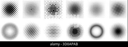 Halftone gradient set. Dotted textured round and square patterns. Cartoon faded background collection. Pixelated bitmap element pack for frame, poster, collage, banner. Vector comic bundle Stock Vector