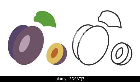 A creative display of plum fruit icons showcases both filled and outlined designs. The icons highlight various plum shapes, colors, and subtle leaf details, all in a minimalist style. Stock Vector