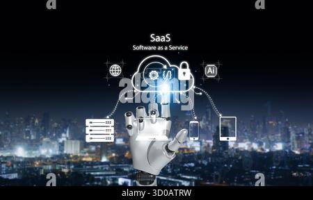 Artificial intelligence robot interacting with SaaS, Software as a Service, cloud computing system, symbolizing automation, cybersecurity, and next-ge Stock Photo