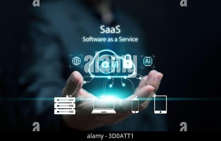 Business hand holding virtual cloud SaaS system, Software as a Service, showing digital connectivity, data storage, AI, and secure network technology Stock Photo