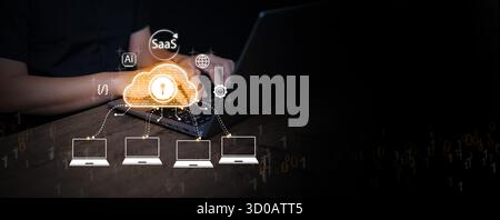 Secure SaaS, Software as a Service, cloud computing with AI integration and data encryption network for modern enterprise, symbolizing cybersecurity a Stock Photo