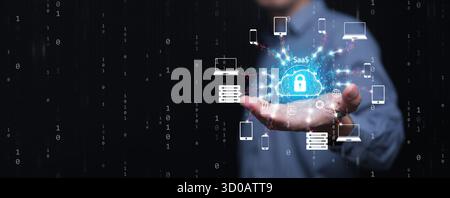 Smart hand presenting SaaS, Software as a Service, cloud network with AI, encryption, and data storage icons, representing digital transformation and Stock Photo