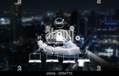 Artificial intelligence robot presenting SaaS, Software as a Service, cloud computing and cybersecurity concept with data encryption for future digita Stock Photo