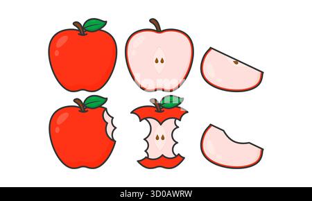 Collection of Whole Red Apples, Cut in Half, and Sliced Vector. Cartoon Style. Suitable for Healthy Fruit, Icons, and Food Themes. Stock Vector