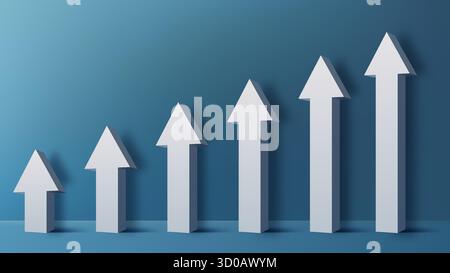 3d six white arrows rise upward like a bar graph against a dark teal background representing business growth economic progress and corporate success, Stock Vector
