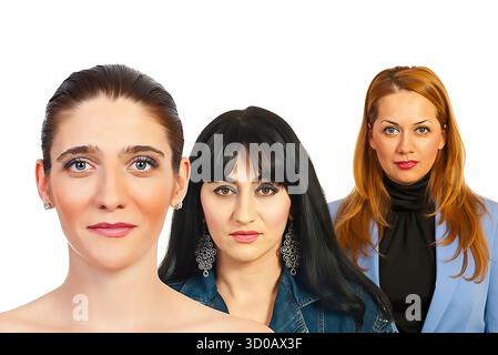 A trio of confident women stands together in a studio, showcasing diversity and professional style. They wear casual to smart-casual outfits, conveyin Stock Photo