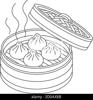 A traditional bamboo steamer with lid holds three hot soup dumplings illustrated in clean outlines Stock Vector