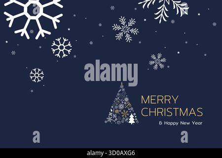 Elegant dark blue Christmas background featuring white snowflakes and a minimalist festive tree design, vector illustration Stock Vector