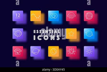 Space set icon. Displays planets, UFOs, Earth, stars, galaxy, sun, orbit, satellite comet meteor asteroid on vibrant gradient background squares Stock Vector