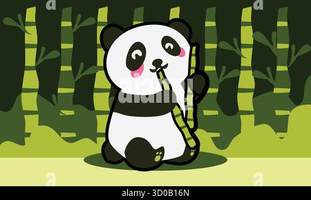Adorable relaxed panda illustration enjoying a bamboo snack in a calm pose. Perfect for posters, t-shirts, stickers, kids books, or Asian wildlife des Stock Vector