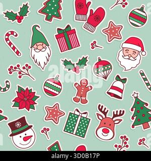 Christmas pattern background with decorations and characters stickers Stock Vector