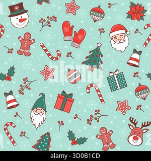 Christmas and winter seamless pattern background with decorations and happy characters Stock Vector