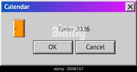 2026 New Year themed dialogue box with door to enter 2026. Abstract vaporwave, y2k aesthetics window with 90s style system message Stock Vector