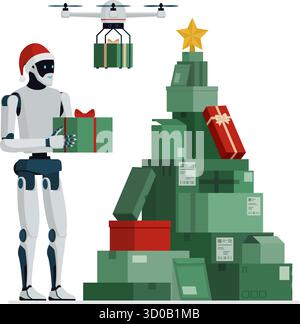 AI robot Santa Claus and drone delivering Christmas gifts, the boxes are arranged in the shape of a Christmas tree, isolated Stock Vector
