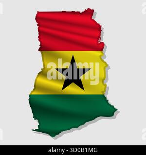 Waving vector abstract flag of Ghana in map shape with shadow Stock Vector