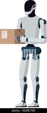 Automated humanoid AI robot delivering a parcel: technology and logistics concept Stock Vector
