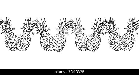 Seamless doodle border with pineapples. Tropical fruit vector line pattern for summer projects, packaging, or textile. Stock Vector