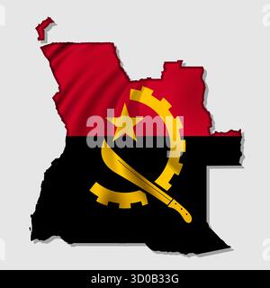 Waving vector abstract flag of Angola in map shape with shadow Stock Vector