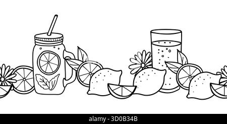 Lemonade seamless doodle border with jars, glasses, citrus fruits, and flowers. Refreshing summer vector pattern for drink or cafe design. Stock Vector