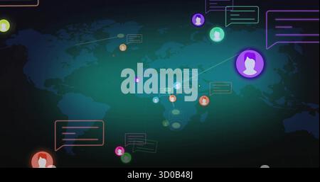 Displaying purple circular avatar icon linking icons with chat bubbles on dark teal map, copy space Stock Photo