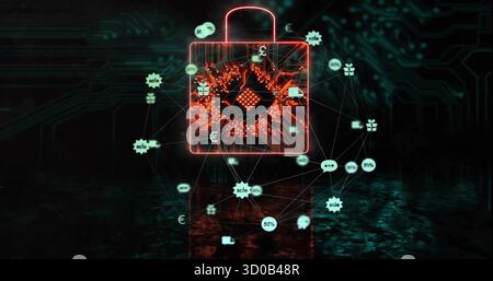 Floating neon padlock displaying circuitry and microchip above shiny surface, with network icons Stock Photo