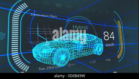 Displaying neon blue wireframe hybrid car on car HUD, with speedometer, distance arc and timestamps Stock Photo